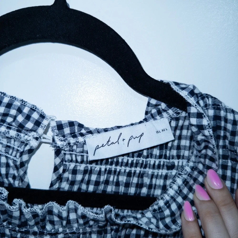 Petal & Pup Navy Blue‎ Gingham Jessen Long Sleeve Mini Dress Large